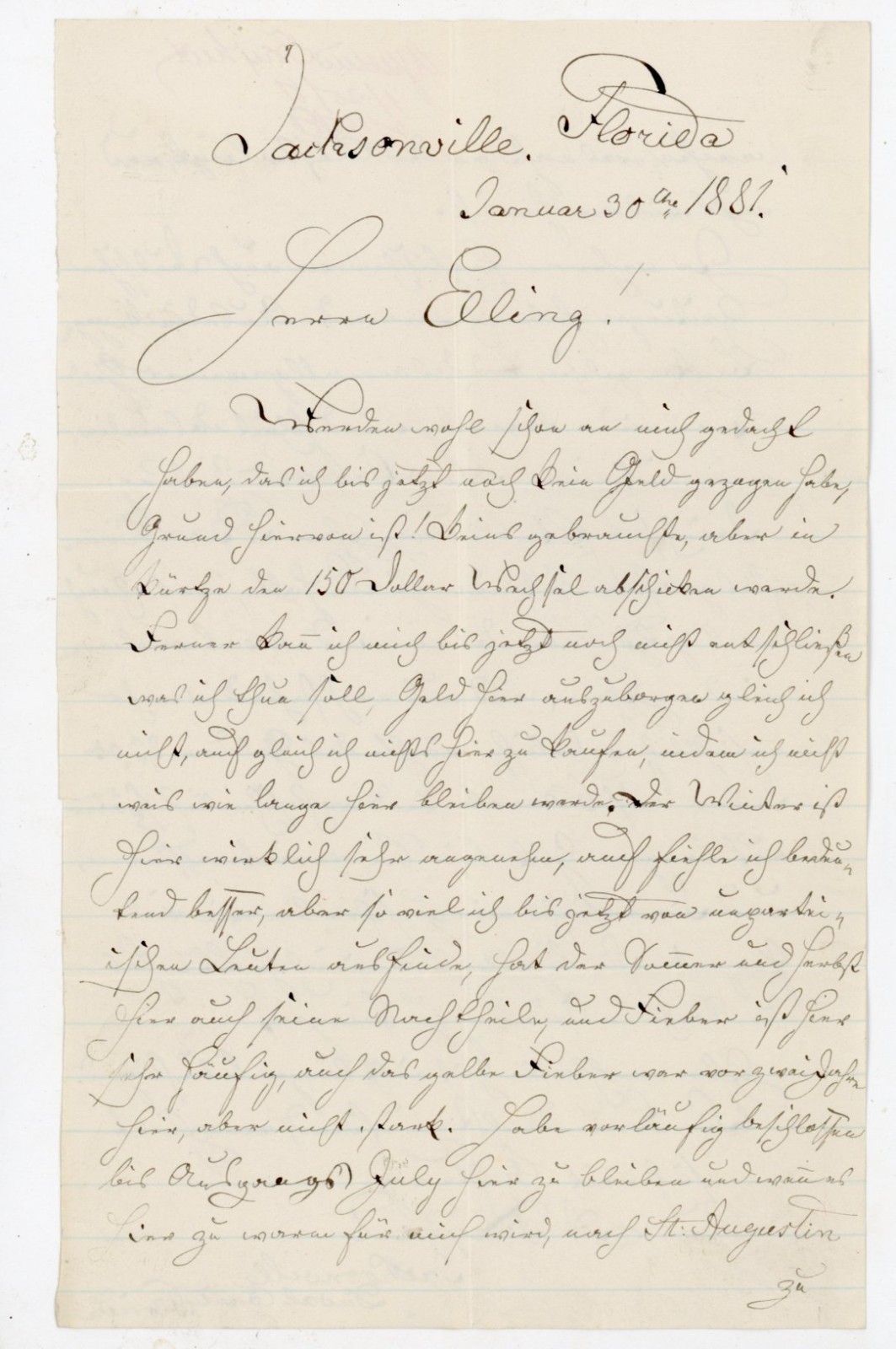 1881 Jacksonville Florida German Letter ALS 2pp Duval County signed A Freyheit 1881 Jacksonville Florida German Letter ALS 2pp Duval County signed A Freyheit