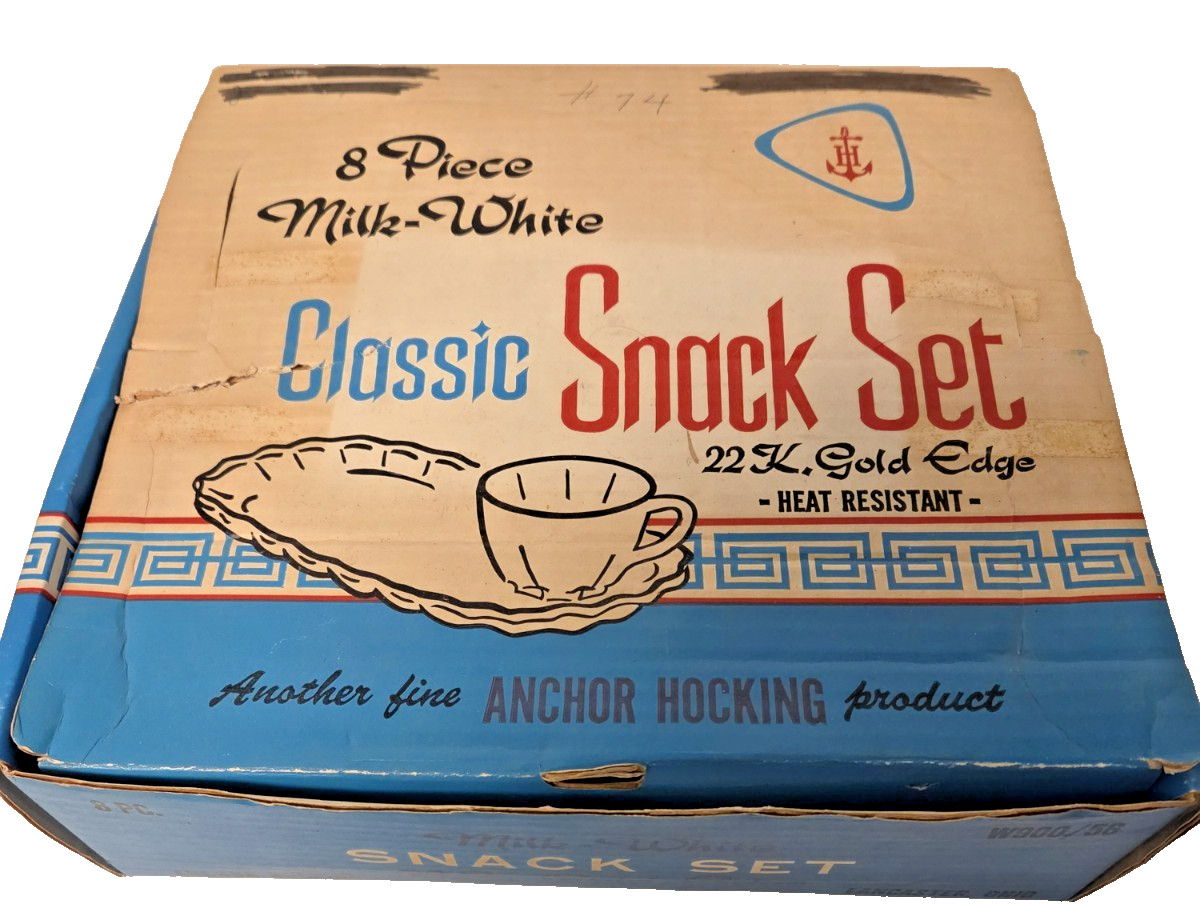 Vtg. Anchor Hocking 8 pc.Milk-white Classic Snack Set  22K Gold Edges, Orig Box