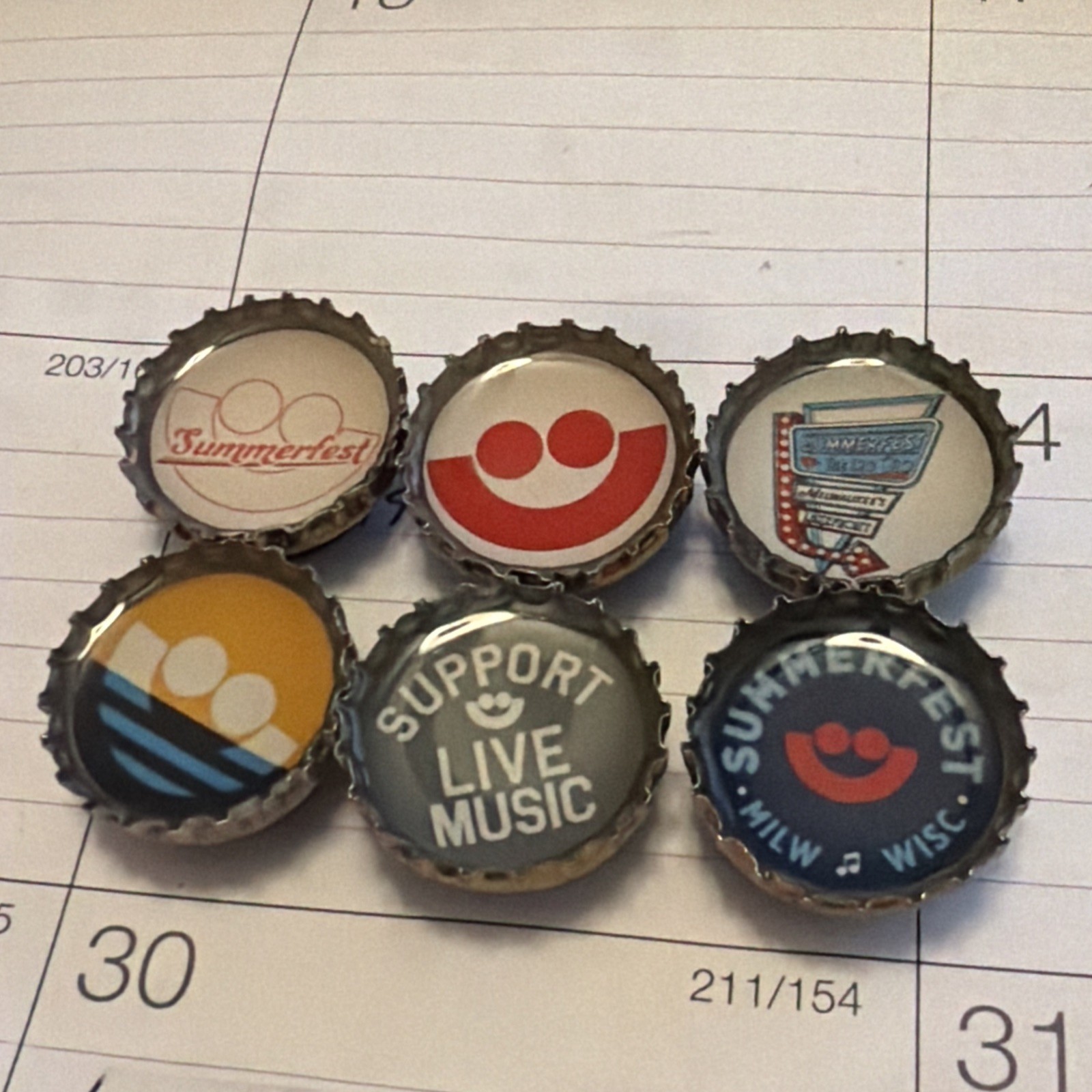 Summerfest Fridge Magnets Bottle Caps Milwaukee Music Festival Lot Of 6 EUC