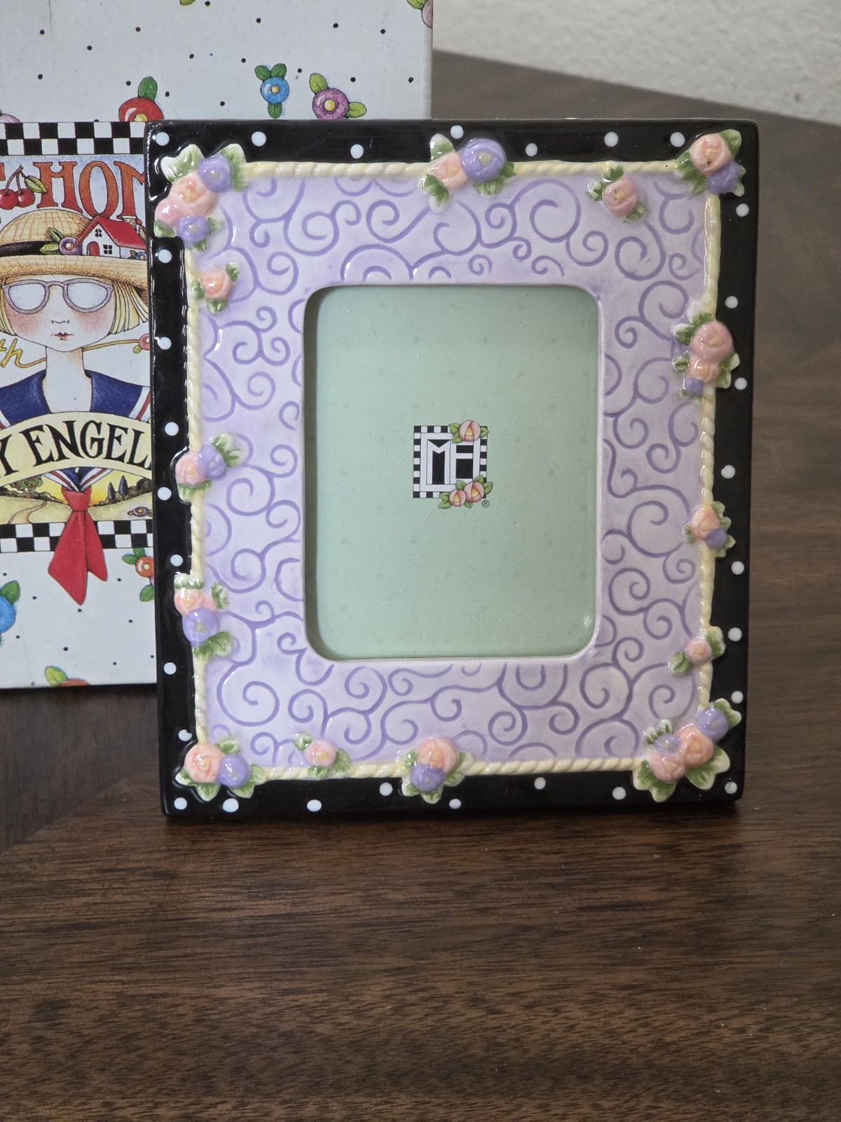 New Vintage Mary Engelbreit Ceramic Frame 5x5 Lavender Floral Small Photo