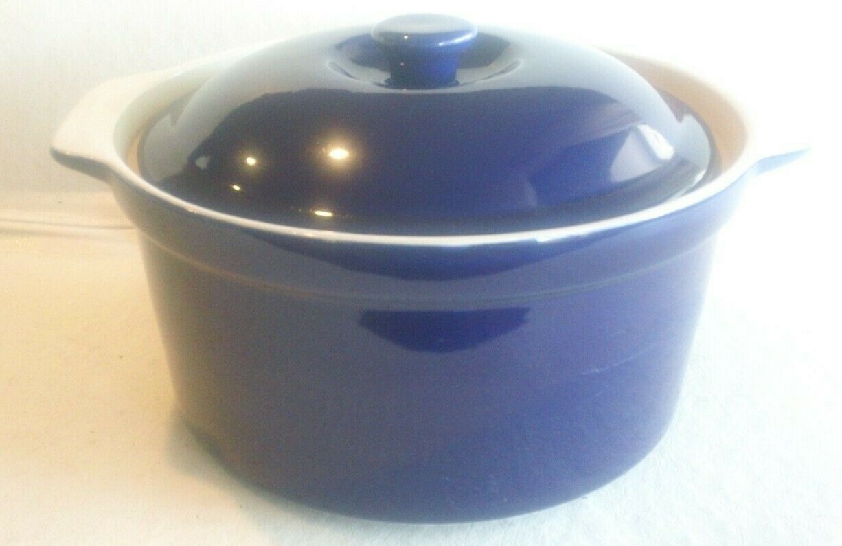 Cobalt Blue Glazed 3-Quart Pottery Lidded Casserole / Bean Pot