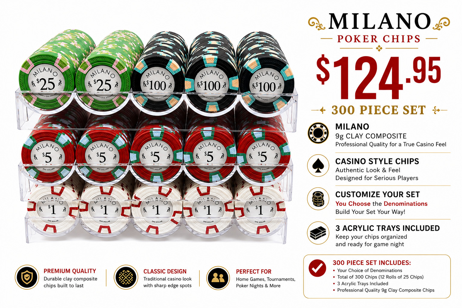 300pc Milano Clay Poker Chip Set With Trays & Dealer Button-Casino Quality