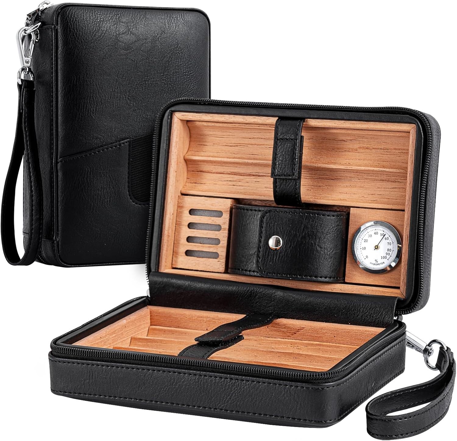 Cigar Humidor Cedar Wood Lined Leather Cigar Case Capacity 6 pcs Built in Hygrom