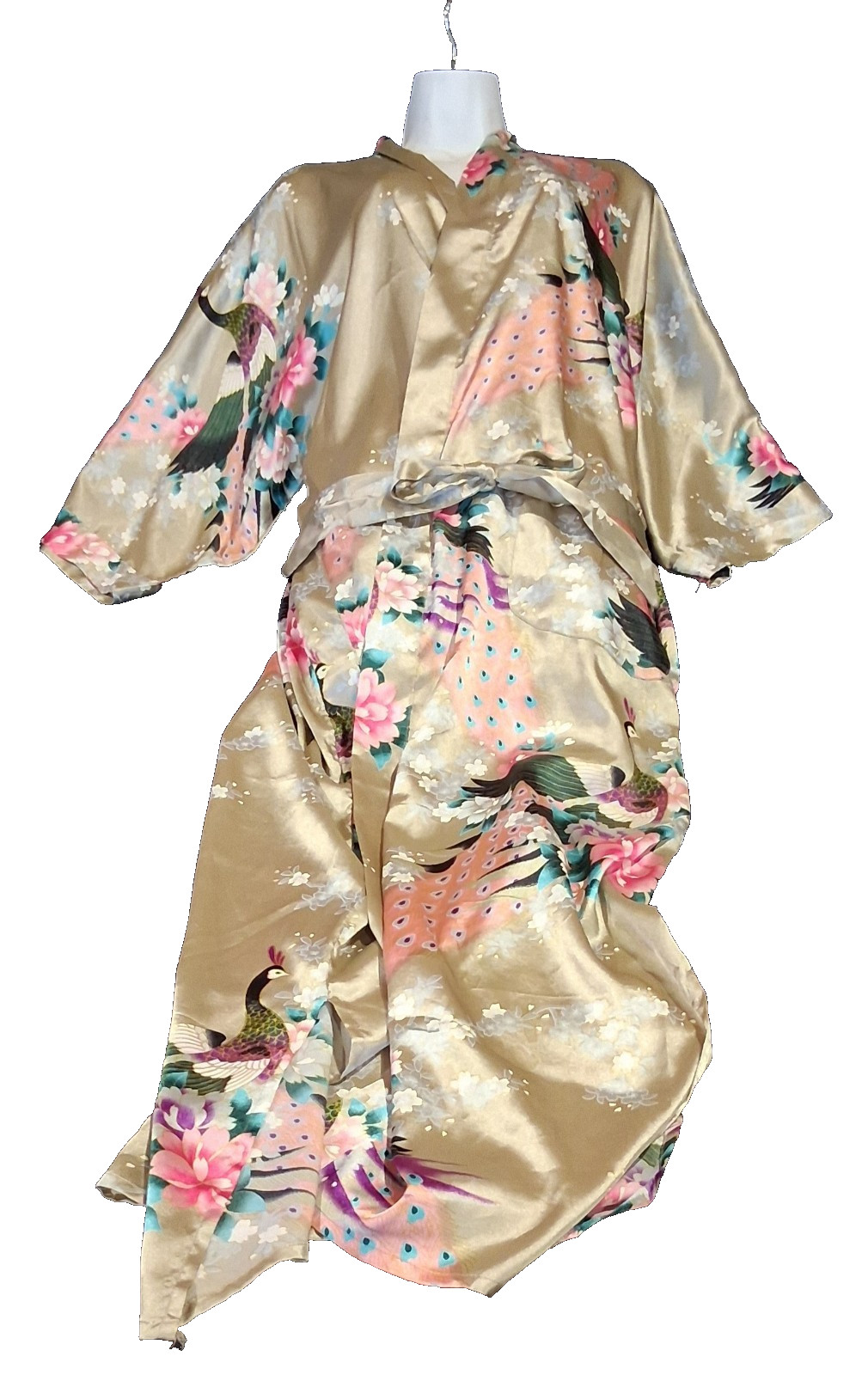 Old Shanghai Satin Kimono Robe Long Peacock Floral Champagne Gold One Size