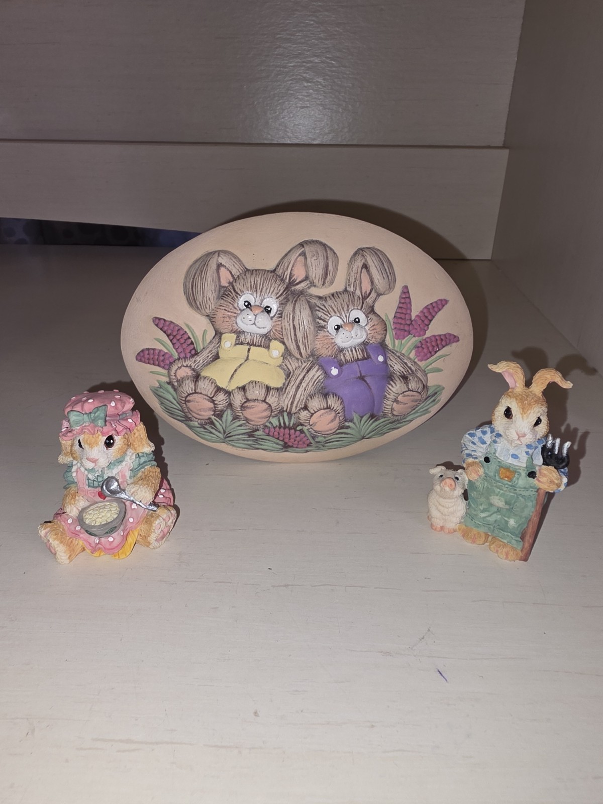 Two Bunny Rabbit Figurines & A Cute Bunny Rabbit Plaque Sign. Easter Spring 