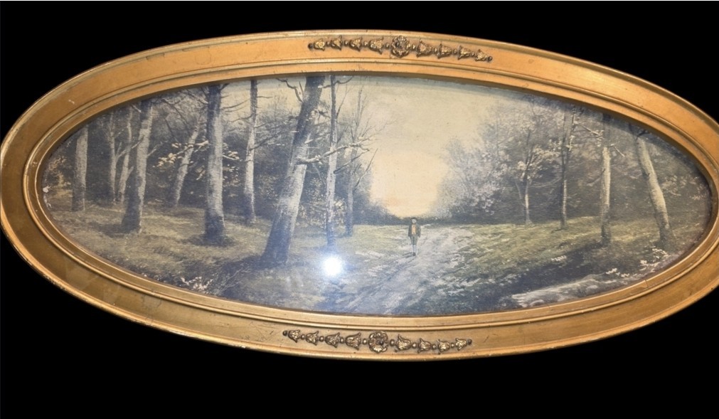 Antique Panoramic Oval Wood Frame Flat Glass Vintage Forest Landscape Print...