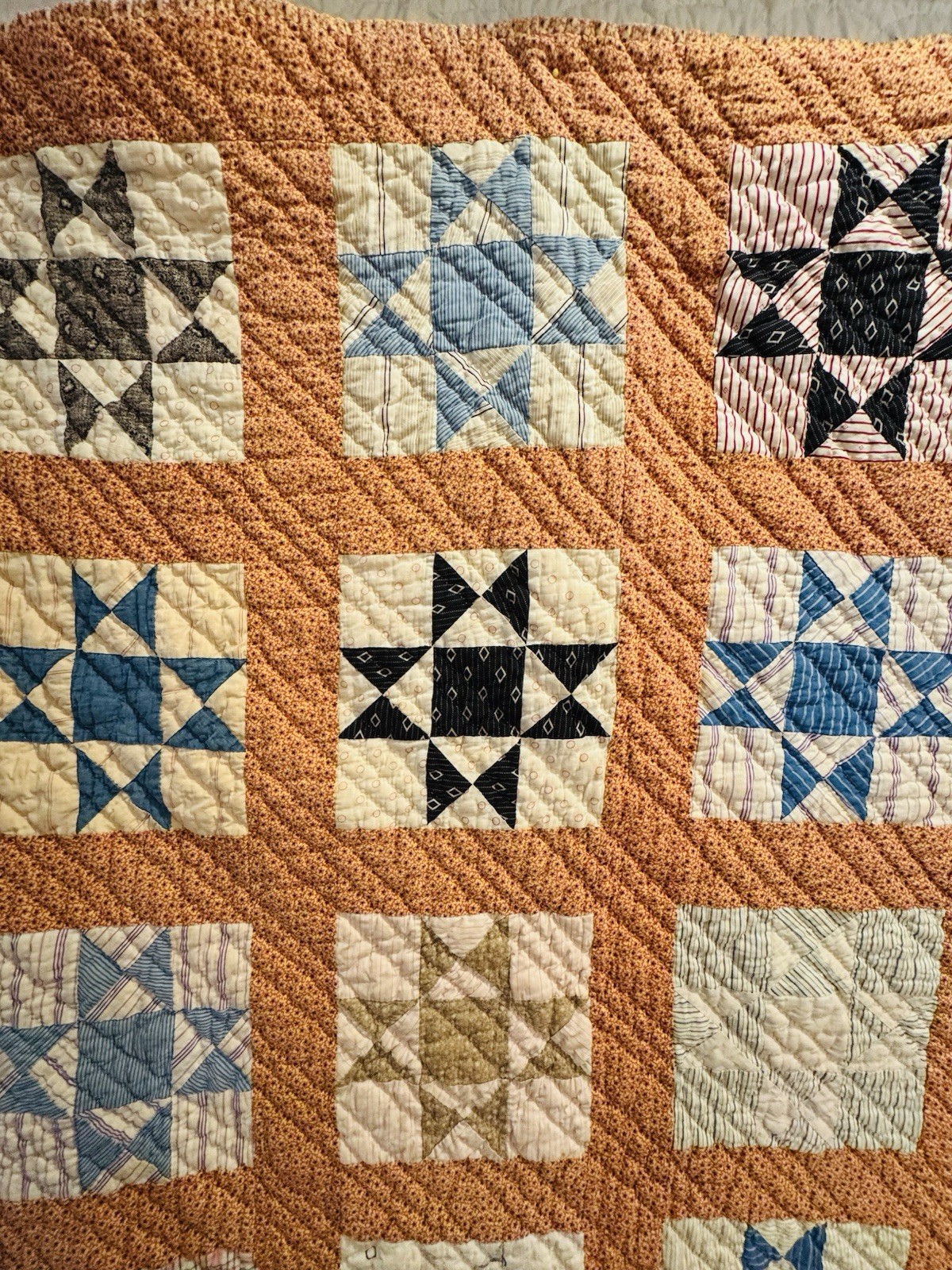 Antique Ohio Star Shirting Fabrics Hand Quilted 82” X 69” 19th C Quilt Signed