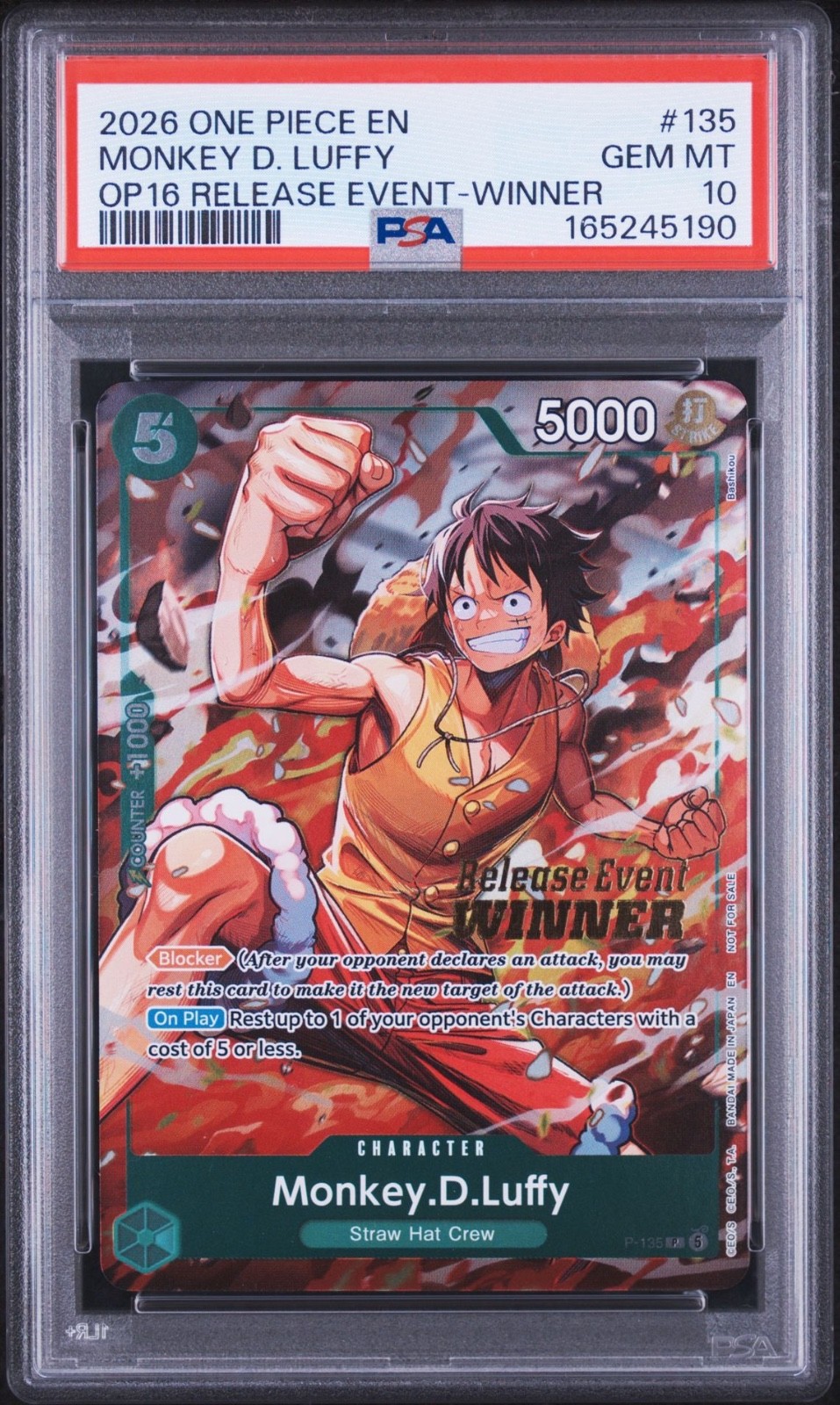 2026 One Piece #P-135 Monkey D. Luffy OP16 Release Event-Winner PSA 10