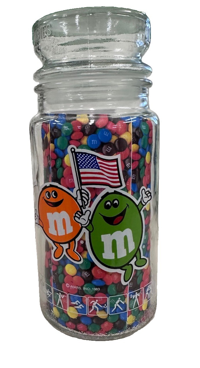 Vintage M&M\'s Mars 1984 Los Angeles LA Olympic Games Glass Candy Jar 7.75\