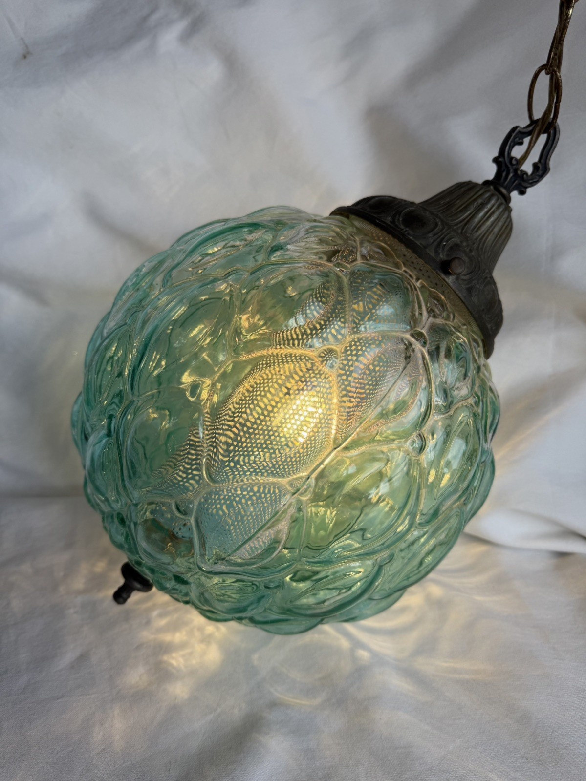 Vintage Blue Aqua Bubble Swag Glass Hanging Globe Light Lamp MCM - WORKS HTF