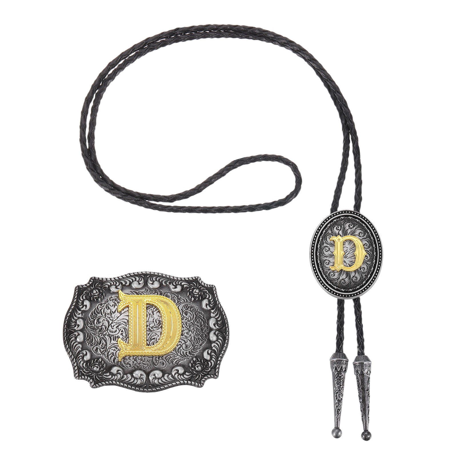 2 Pcs Western Cowboy Bolo Tie and Belt Buckle Set Golden Initial Letter D