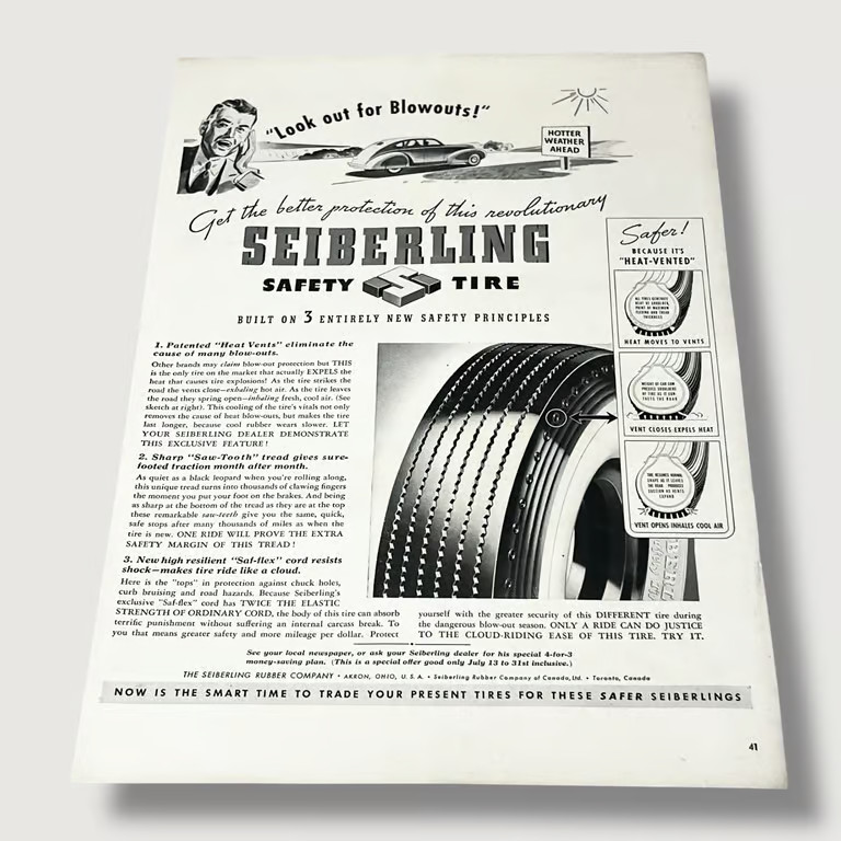 1939 Seiberling Safety Tire Look Out For Blowouts Vintage Ad Q
