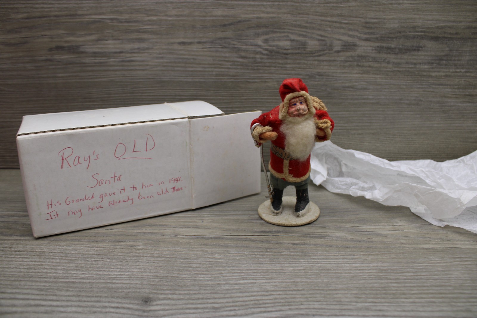 Antique 1940s Made in Japan Clay Face Santa Felt Chenille Sack Figurine Box