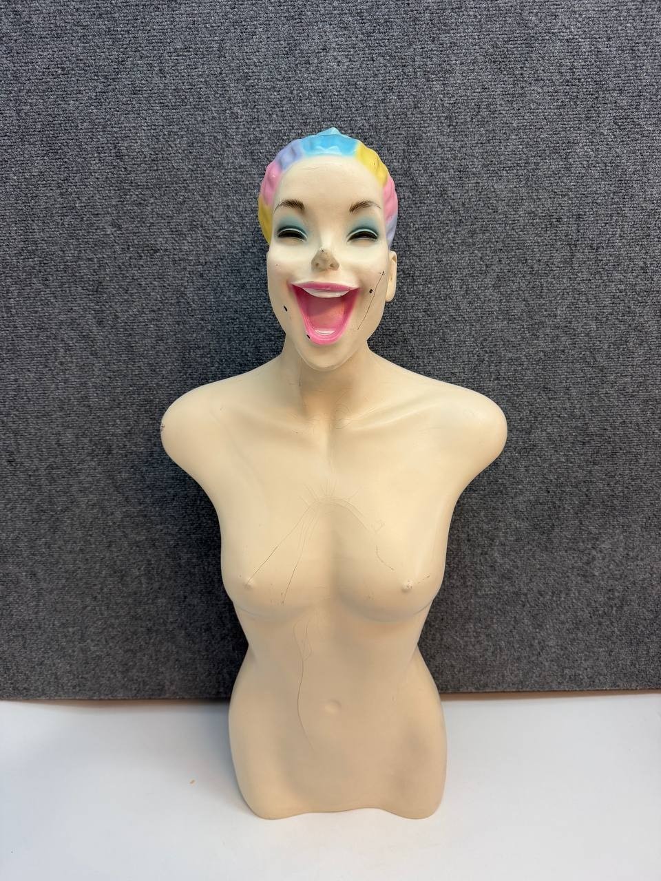 Vintage Lady Lulu Fiberglass Female Mannequin Torso Bust Rainbow Hair 4 lb