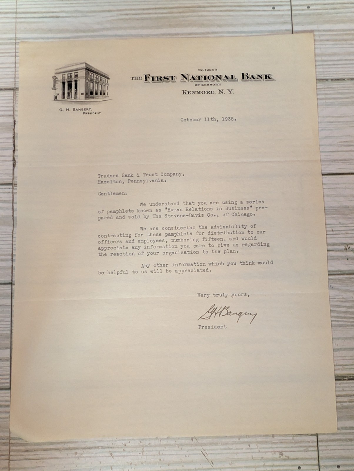 1938 The First National Bank of Kenmore NY Letter Human Relations in Business