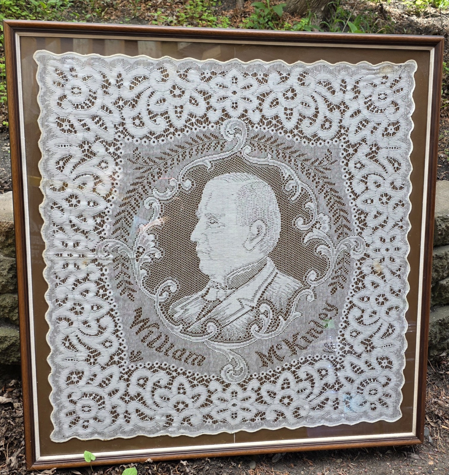 Antique William McKinley Portrait Lace Doily Tablecloth Commemorative 34