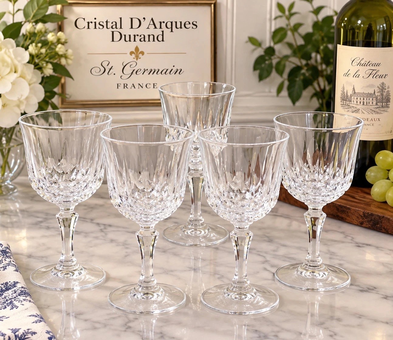 5 Pc Vintage Cristal D’Arques Durand St. Germain Crystal Wine Glasses 5 3/8” 