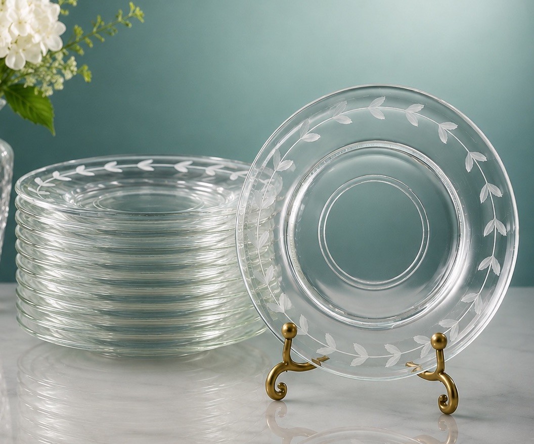 Anchor Hocking 1950s Set Of 11 Dessert Underplates Laurel Etched Glass, 6.75