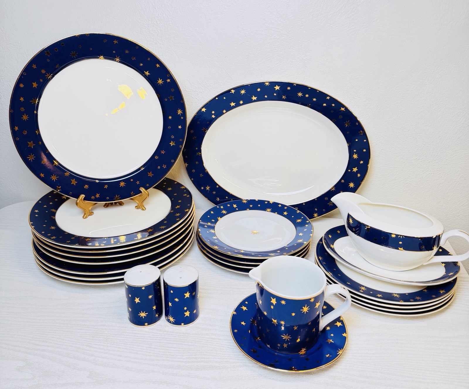 Vintage Sakura Galaxy Porcelain Dinnerware Set Blue 14K Gold Stars Celestial