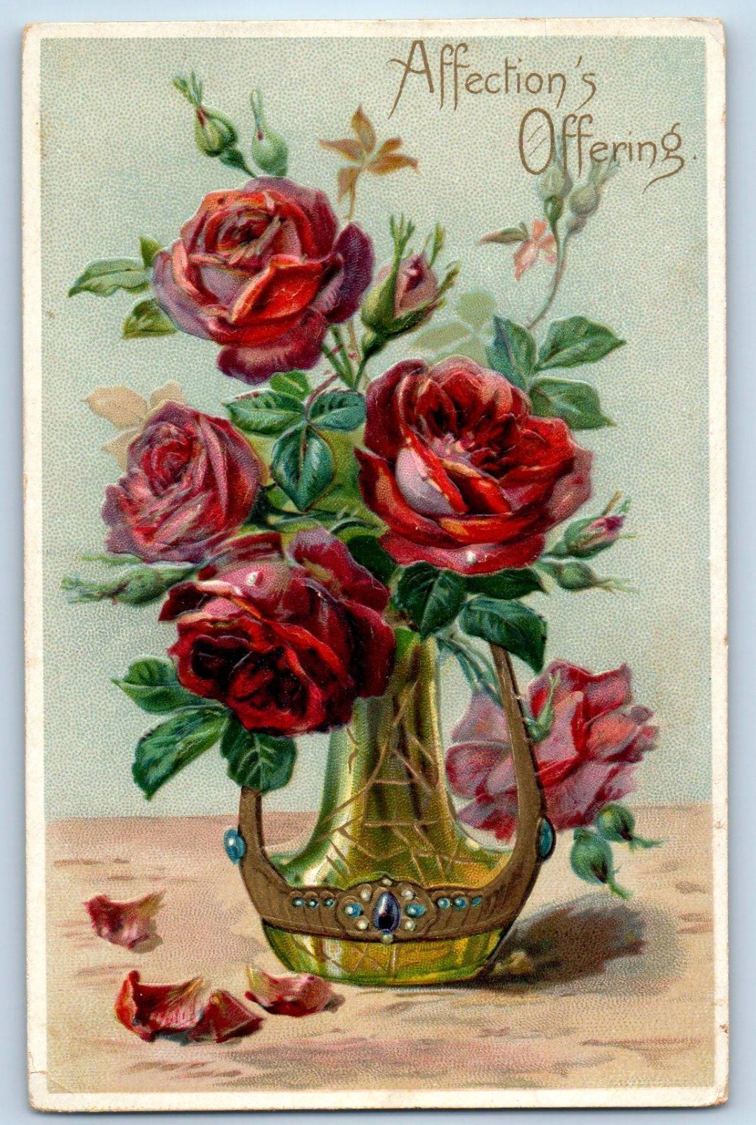 c1910s Roses Flowers In Vase Affection\'s Offering Embossed Tuck Antique Postcard