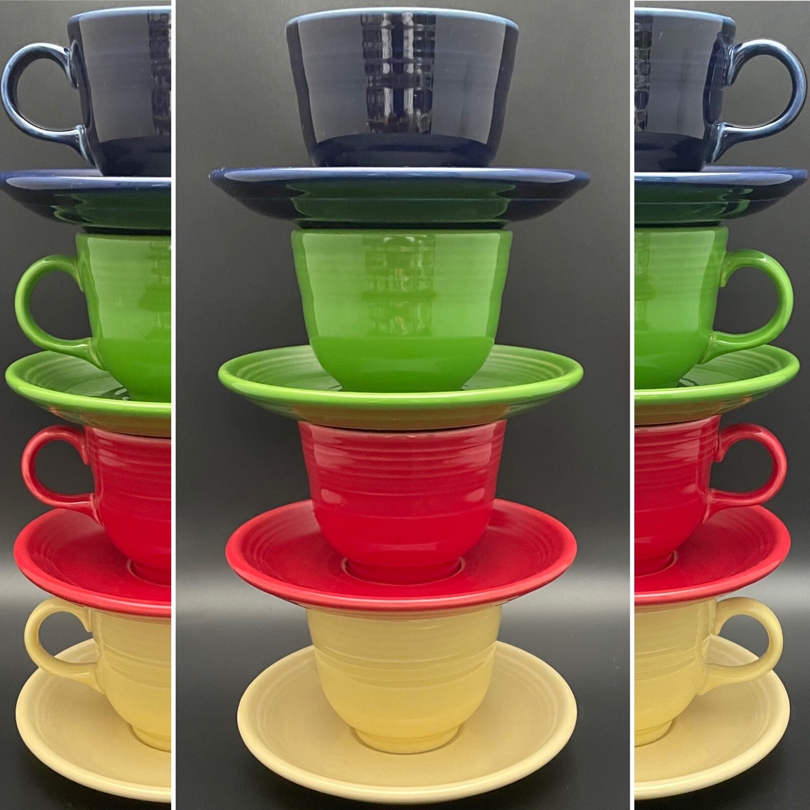 Fiesta HLC Primary Colors Blue Green Red Yellow Cups & Saucers 8 Piece USA 6 oz Fiesta HLC Primary Colors Blue Green Red Yellow Cups & Saucers 8 Piece USA 6 oz