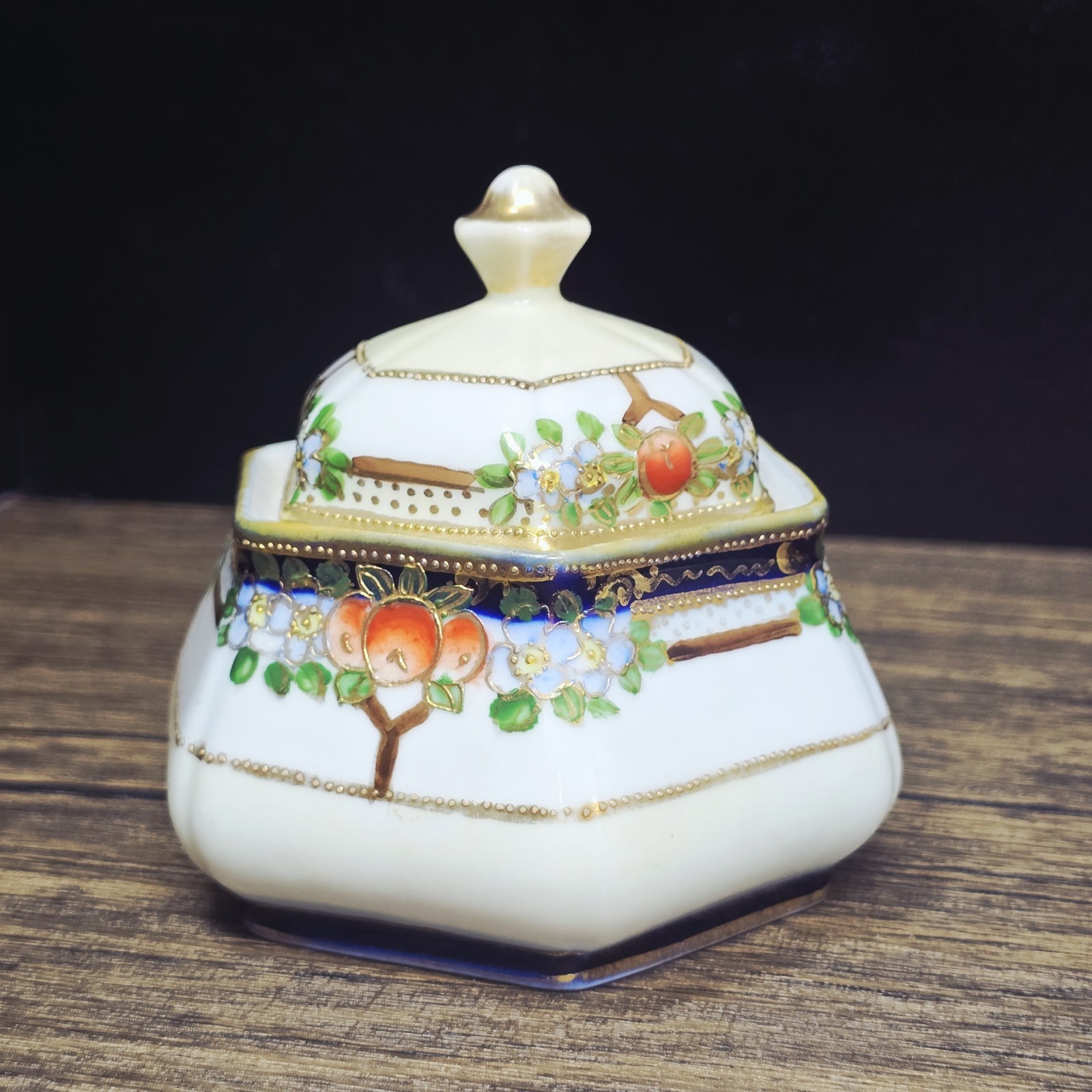 Nippon Hand Painted Covered Powder Jar Peaches Tree Floral Gold Trim Trinket 