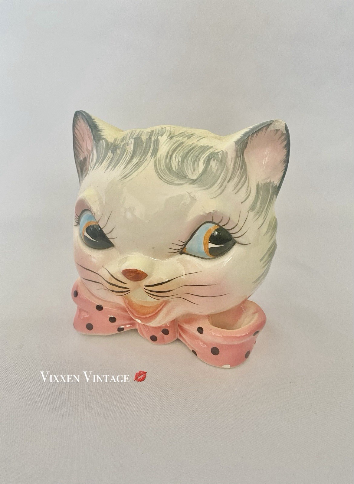 VINTAGE 1950'S HAND PAINTED KITSCHY CERAMIC CAT FACE STRING & SCISSOR HOLDER