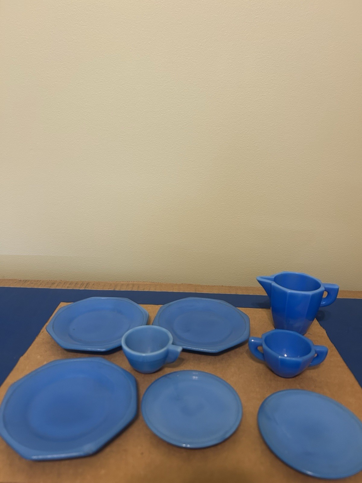 Vintage 1930s Akro Agate Blue Glass Child’s Tea Set Octagon Toy Dishes 8 Pc