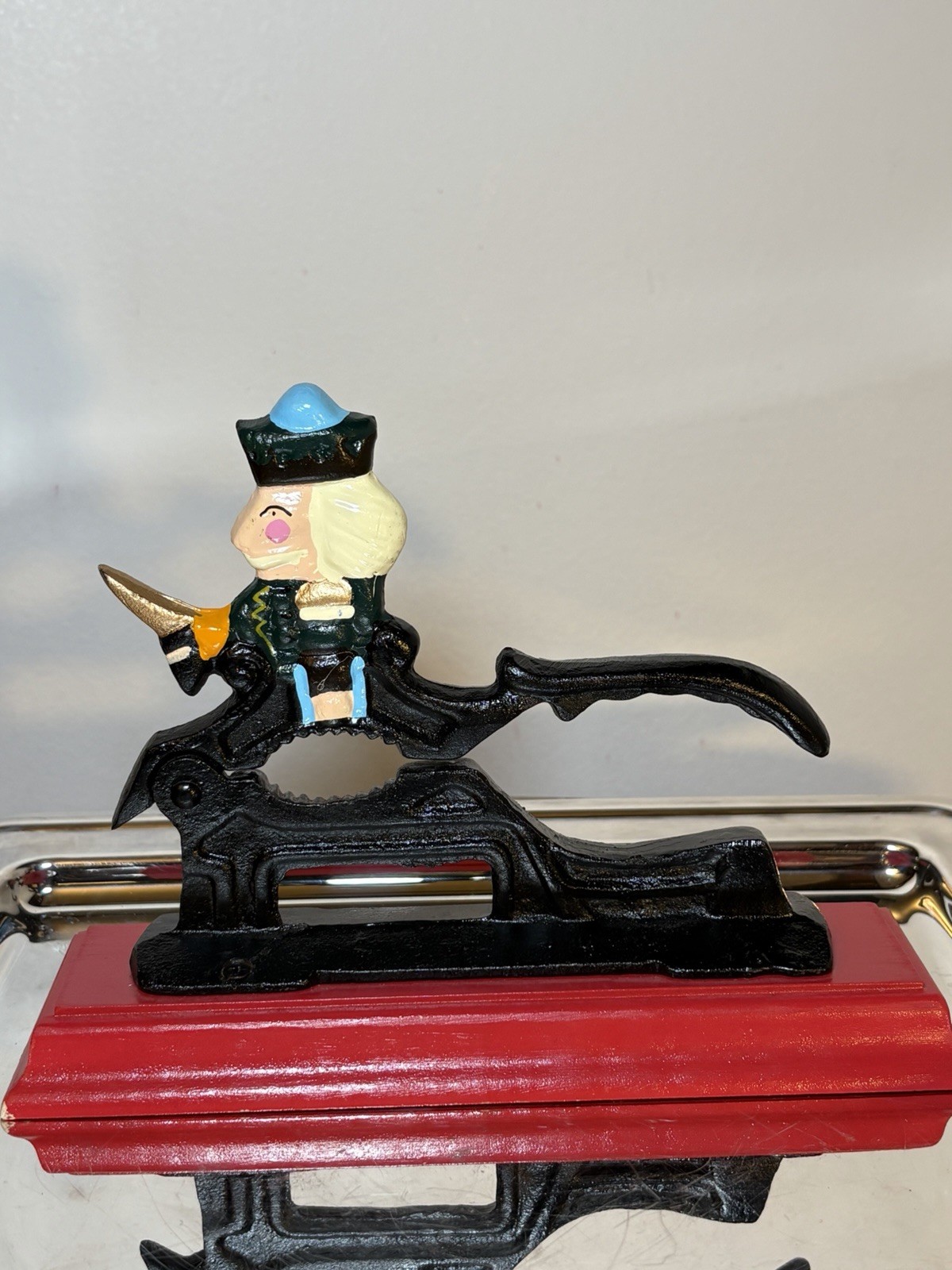 Vintage Cast Iron Figural Nutcracker Soldier on Hound Hand Painted