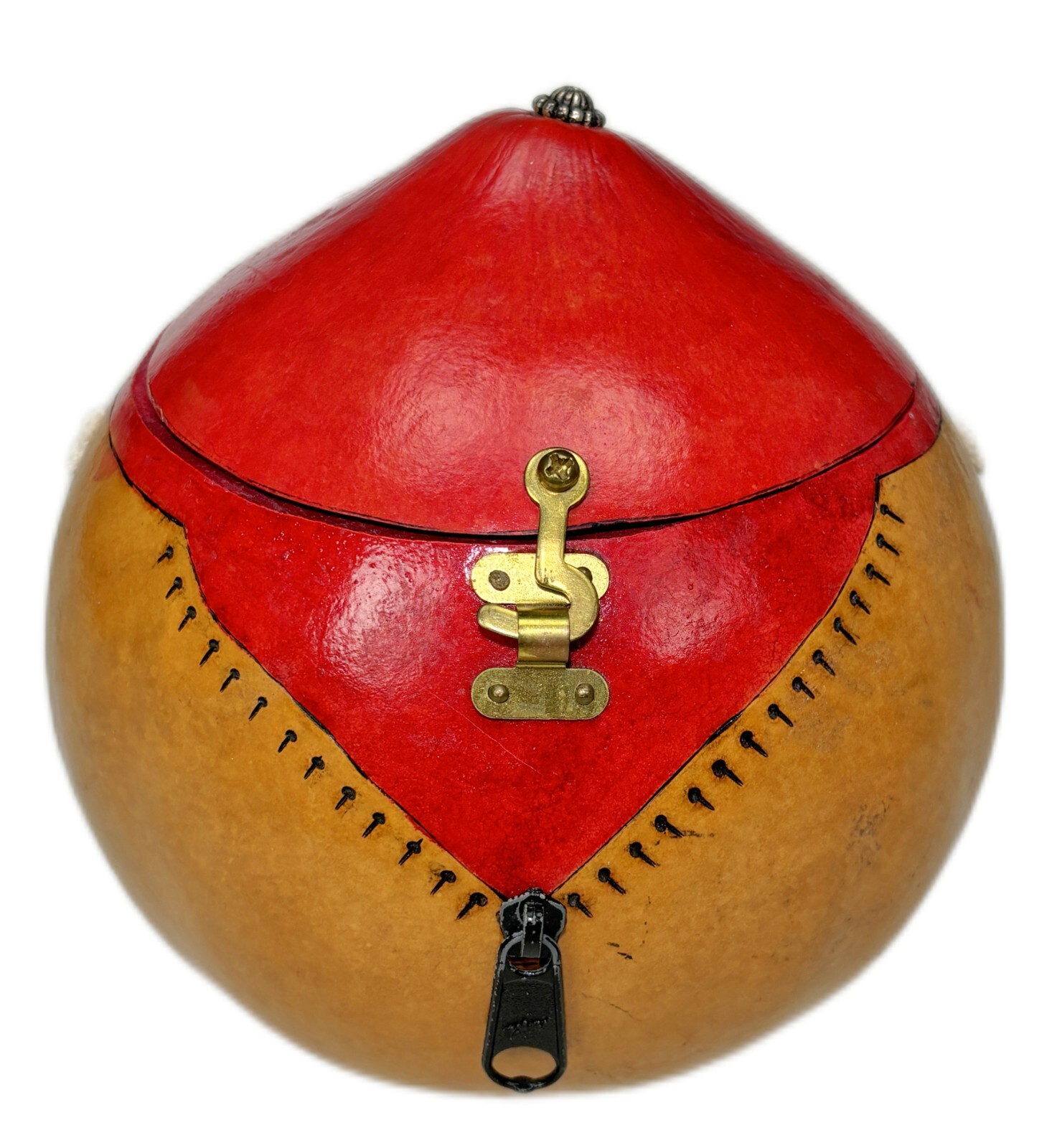 Painted Gourd Trinket Box Container Art Craft Piece Purse Handles Cut Off Hinge