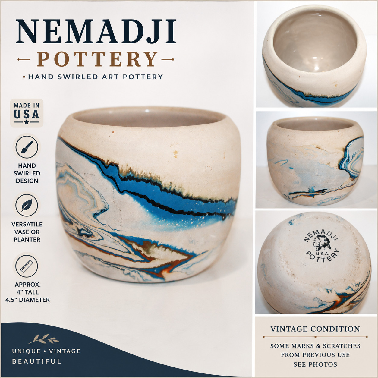 Nemadji Pottery Swirl Vase Art Pottery Planter Blue Brown Marbled 4.5\