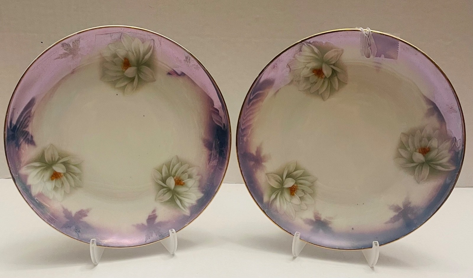 Pair of Antique PV Vessra Germany Porcelain Waterlily Plates Gilt Edge Set of 2