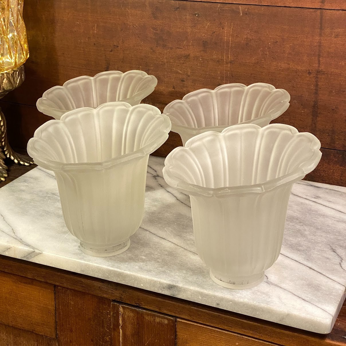 4 Glass Shades Slanted Tulip Frosted Scalloped Ribbed Fluted ~ 2\