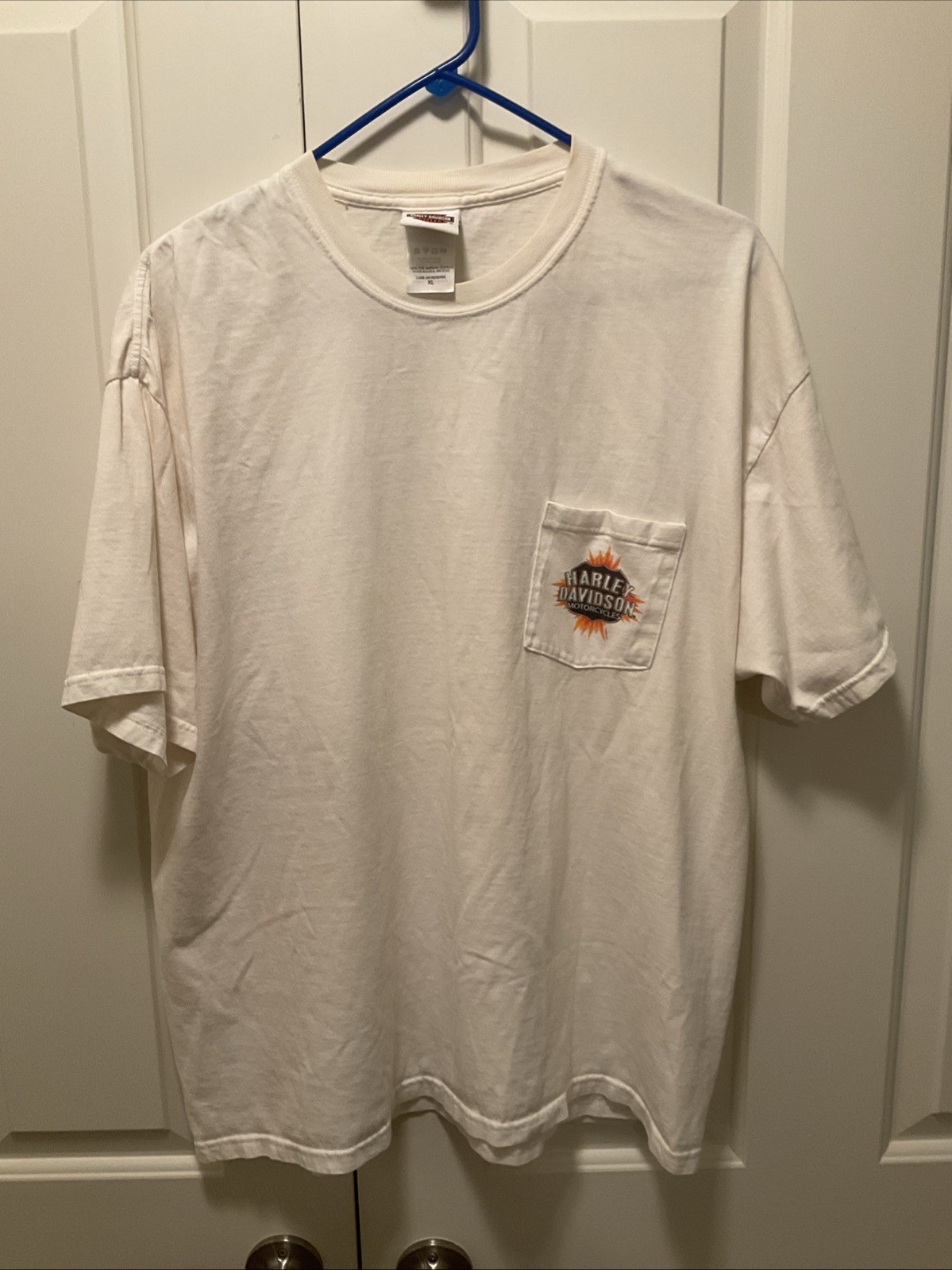 Vintage Harley Davidson Hanes Beefy T-Shirt w/Pocket USA White XL Corning NY EUC