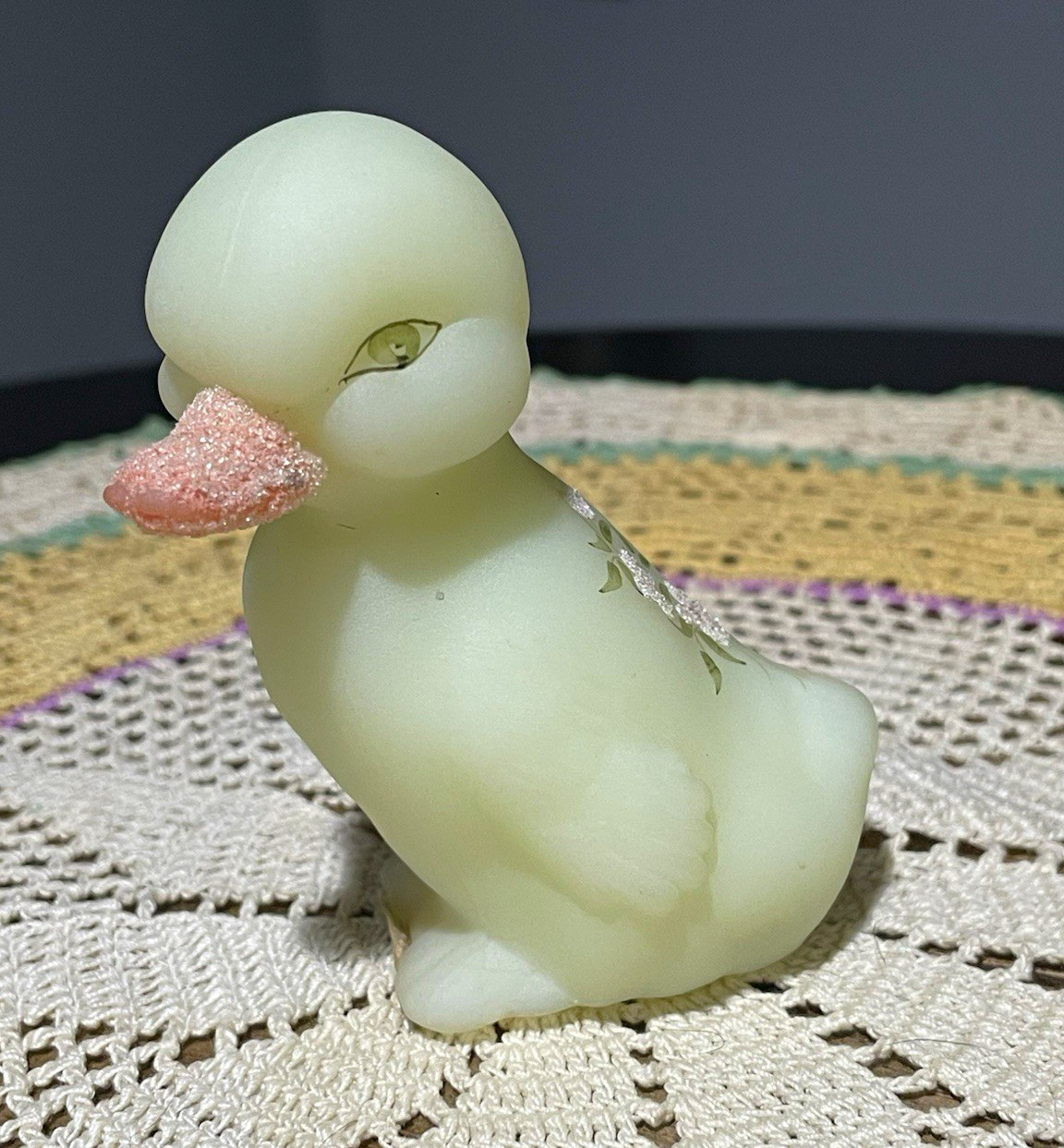Vintage Fenton Glass Sugared Pink Blossom Custard Uranium Glowing Duckling Duck