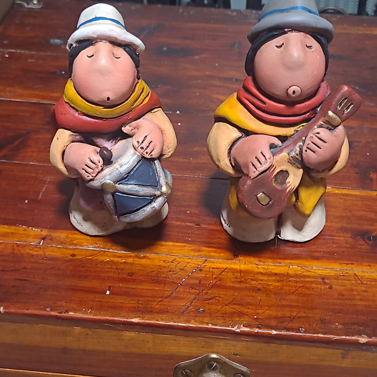 Hand Painted Ceramic Musician Figurines Set of 2 Drummer & Guitar Player