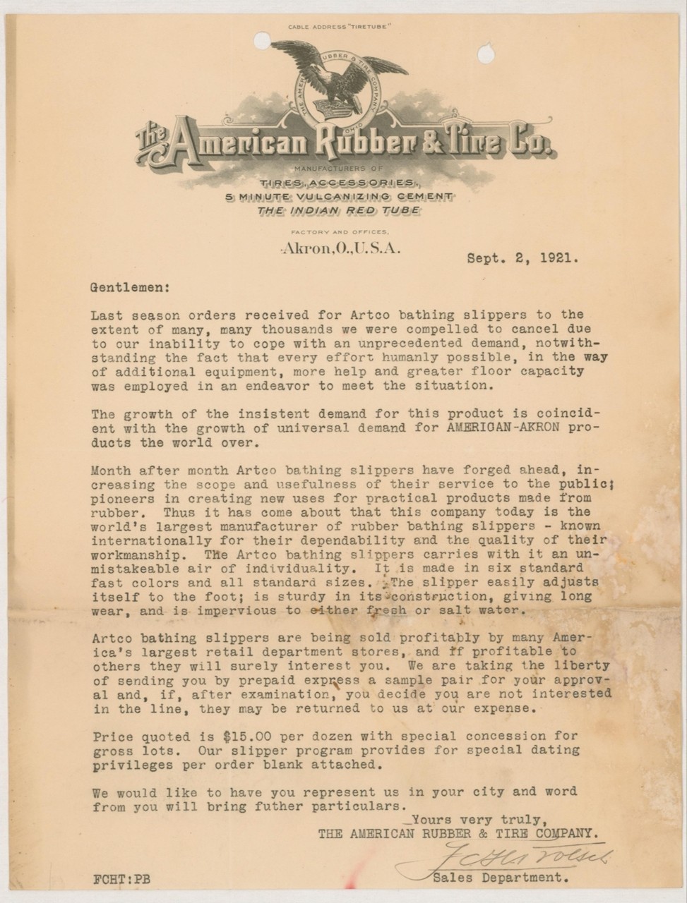 Vintage Historical Document 1921 ~ American Rubber & Tire Company Akron, Ohio