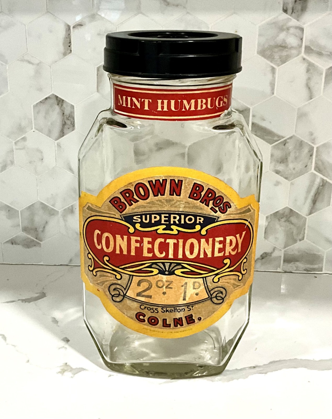 Vintage Brown Bros Mint Humbugs Confectionery Glass Shop Jar Early 20TH C 11'