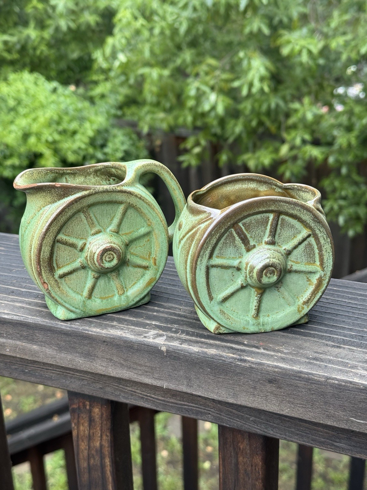 Vintage Frankoma Wagon Wheel Creamer & Sugar Prairie Green Approx H 4” READ