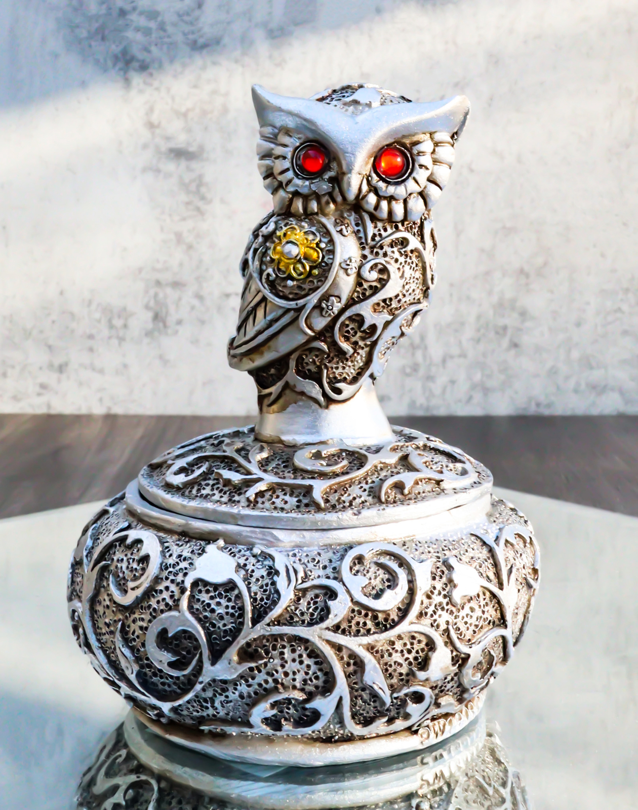 Ebros Silver And Bronze Steampunk Owl With Red Gemstone Eyes Jewelry Trinket Box