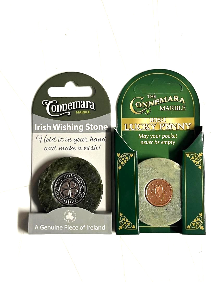 J.C. Walsh Connemara Marble Irish LUCKY PENNY & SHAMROCK WISHING ST SET/2