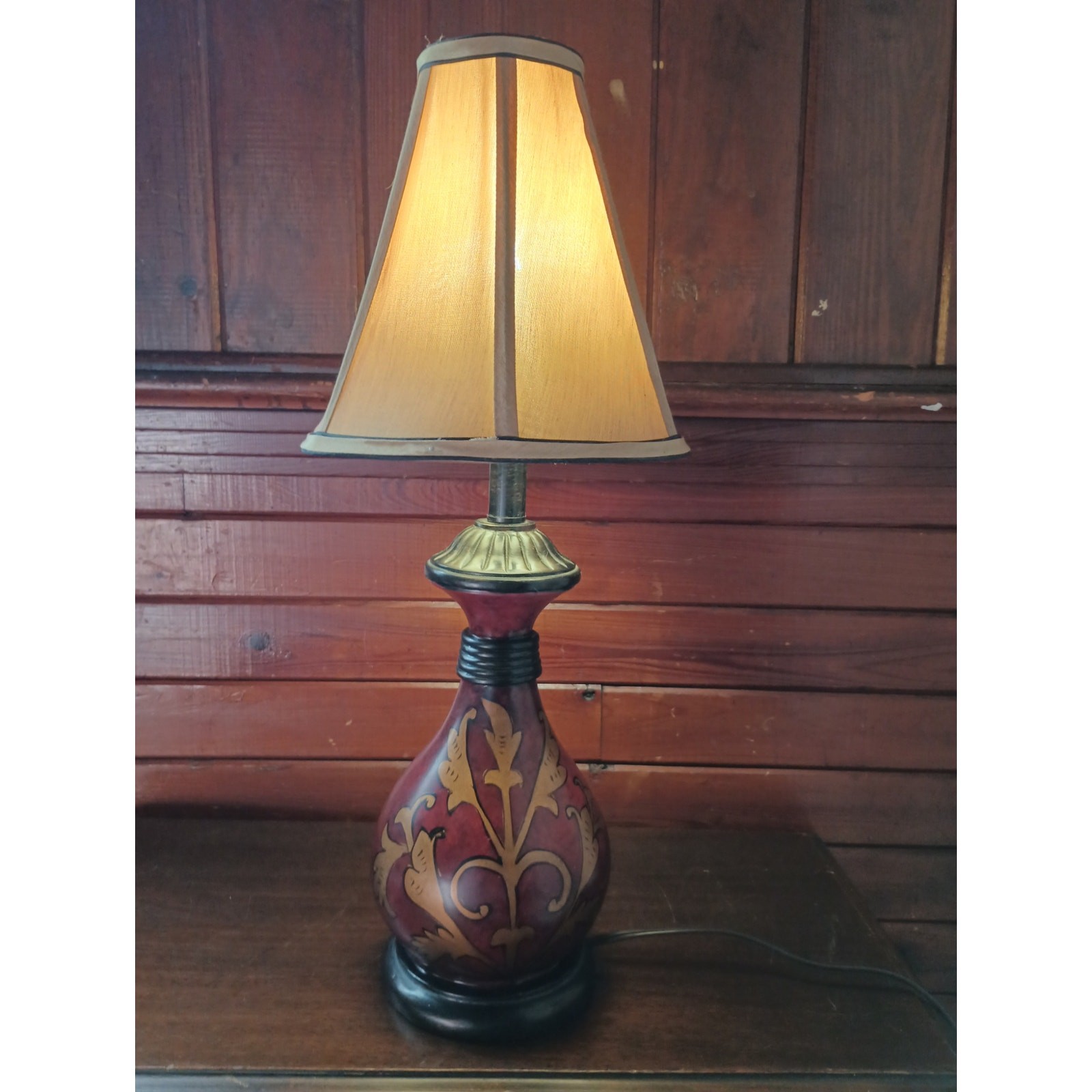 Vintage Tuscan Style Ceramic Table Lamp Burgundy Gold Fleur-de-lis, 25