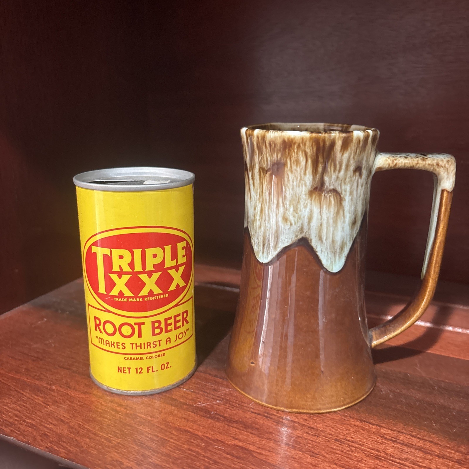 Vintage triple X root beer can and mug Rare