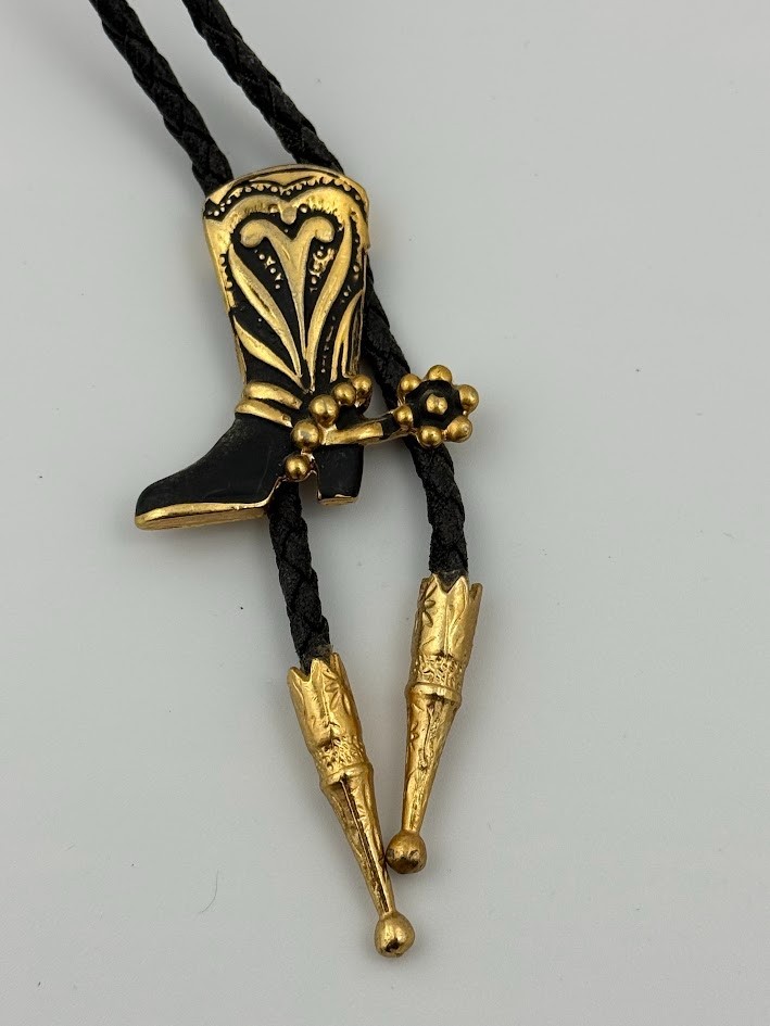 Vintage Bolo Tie Western Cowboy Southwest Boots Spurs Gold Tone Black