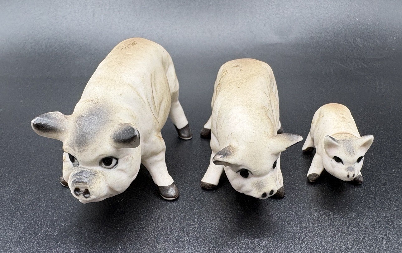 Vintage Bisque Porcelain Pig Figurines Set of 3