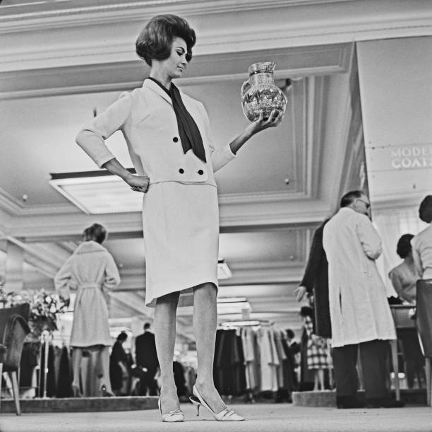 Model wearing an elegant skirt suit with a dark scarf 1965 OLD PHOTO