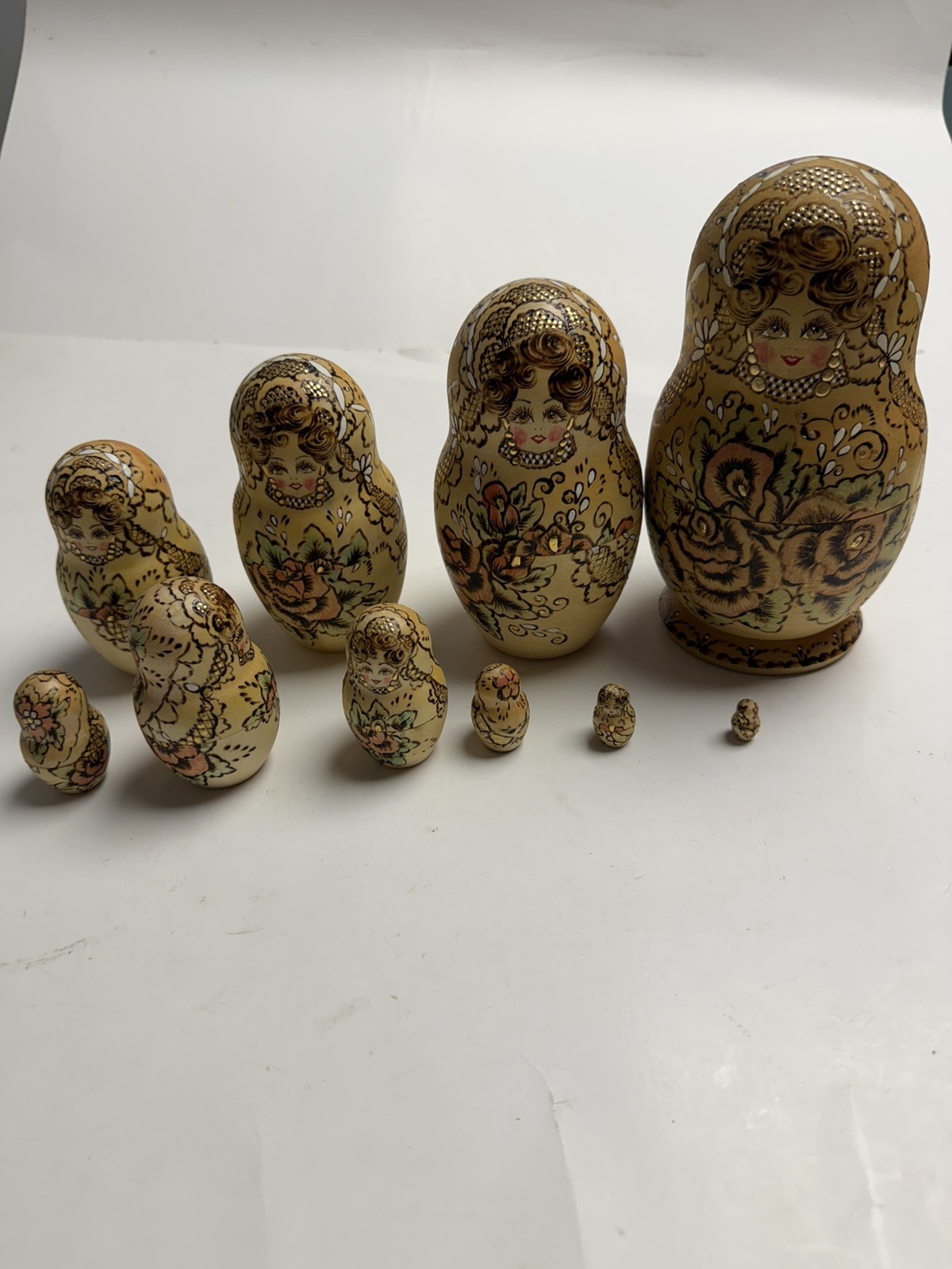 10 Pc Signed Russian Matryoshka Nesting Dolls Hand Painted Wood Floral Gold 10 Pc Signed Russian Matryoshka Nesting Dolls Hand Painted Wood Floral Gold