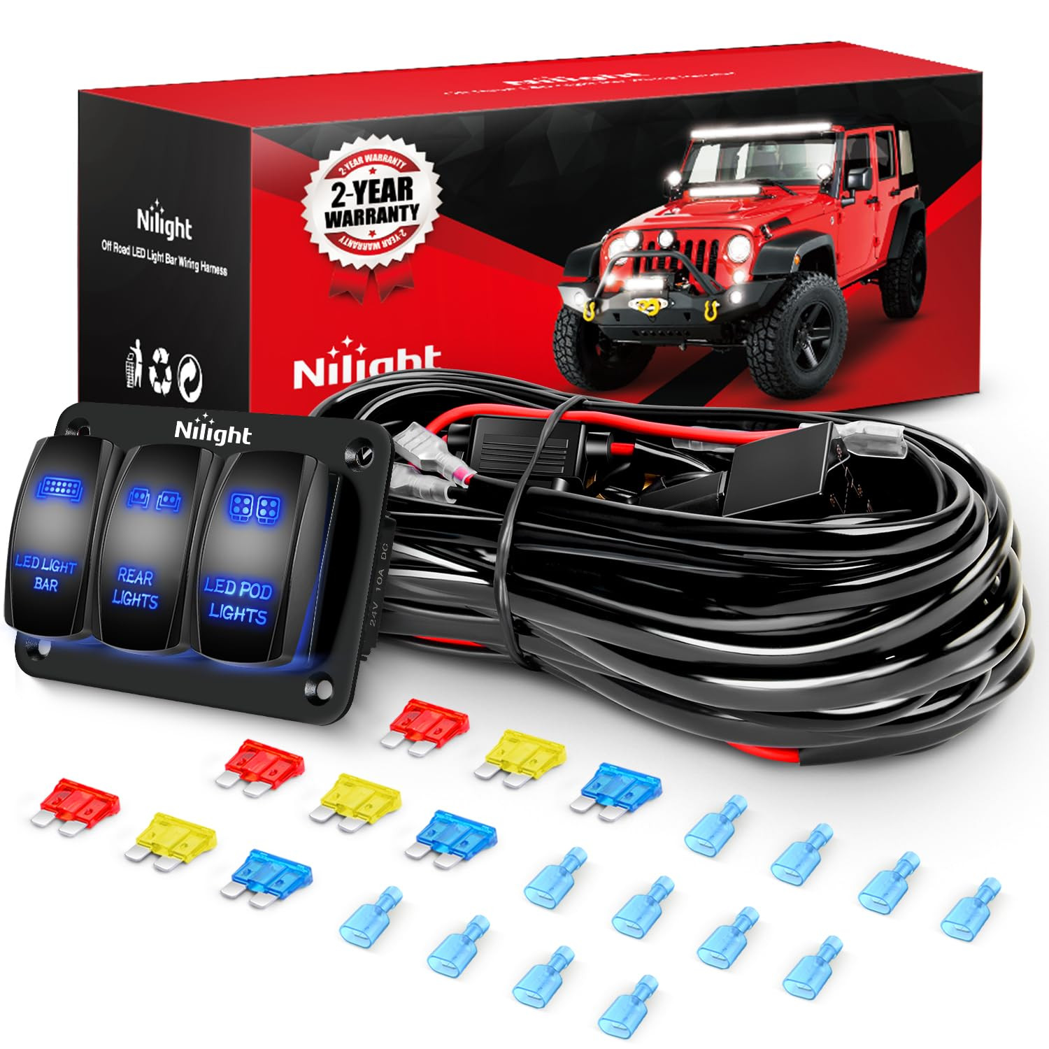 16AWG LED Light Bar Wiring Harness Kit 12V On/Off 3 Gang Laser Etched LED Pod Li 16AWG LED Light Bar Wiring Harness Kit 12V On/Off 3 Gang Laser Etched LED Pod Li