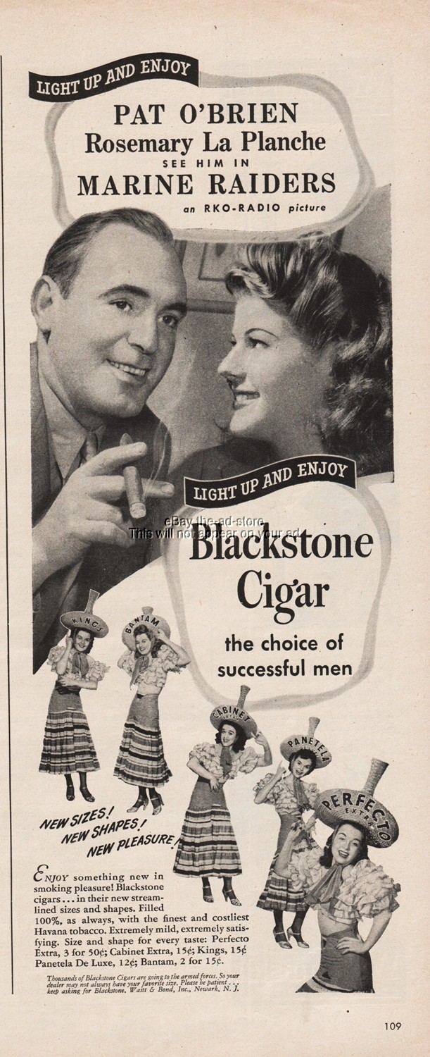 1944 Blackstone Cigar Marine Raiders Pat O\'Brien Rosemary LaPlanche Movie Ad