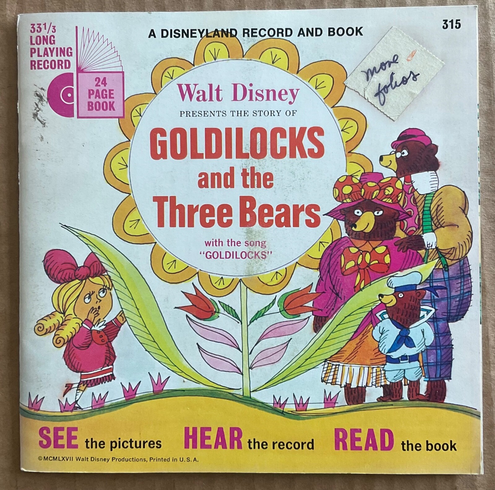 Walt Disney GOLDILOCKS AND THE THREE BEARS Disneyland Record and Book 315 VG+